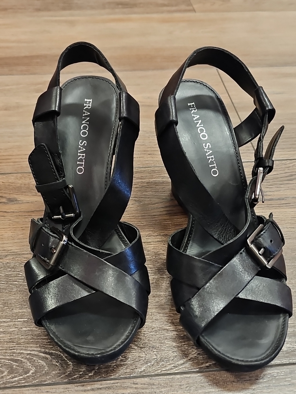 Franco Sarto Black Leather Crisscross Buckle Wedge Sandals